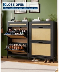 Homfan Rattan Shoe Cabinet Storage with 2 Flip Drawers and Top Drawer, Freestanding Organizer Wooden Slim Rack