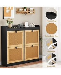 Homfan 2Pcs Shoe Cabinet Rattan with 4 Flip Drawers, Wooden Freestanding Shoe Organizer with Adjustable Shelves, Shoe Storage for Entryway