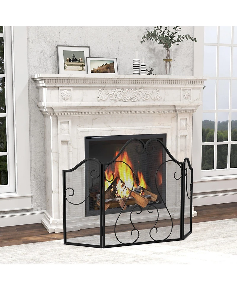 Sugift Three Panel Fireplace Screen Foldable Spark Guard with Scrollwork