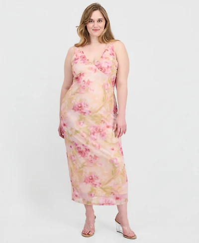 Planet Gold Trendy Plus V-Neck Printed Mesh Maxi Dress