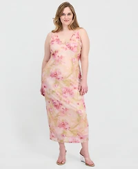 Planet Gold Trendy Plus V-Neck Printed Mesh Maxi Dress