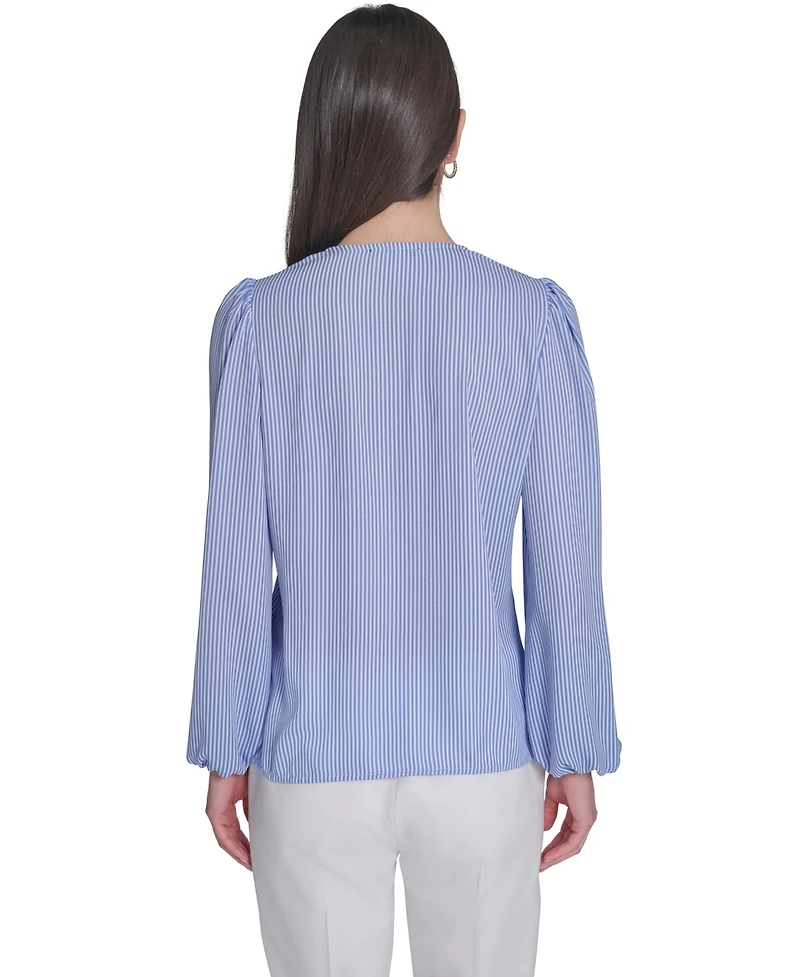Tommy Hilfiger Women's V-Neck Striped Ruffle Blouse