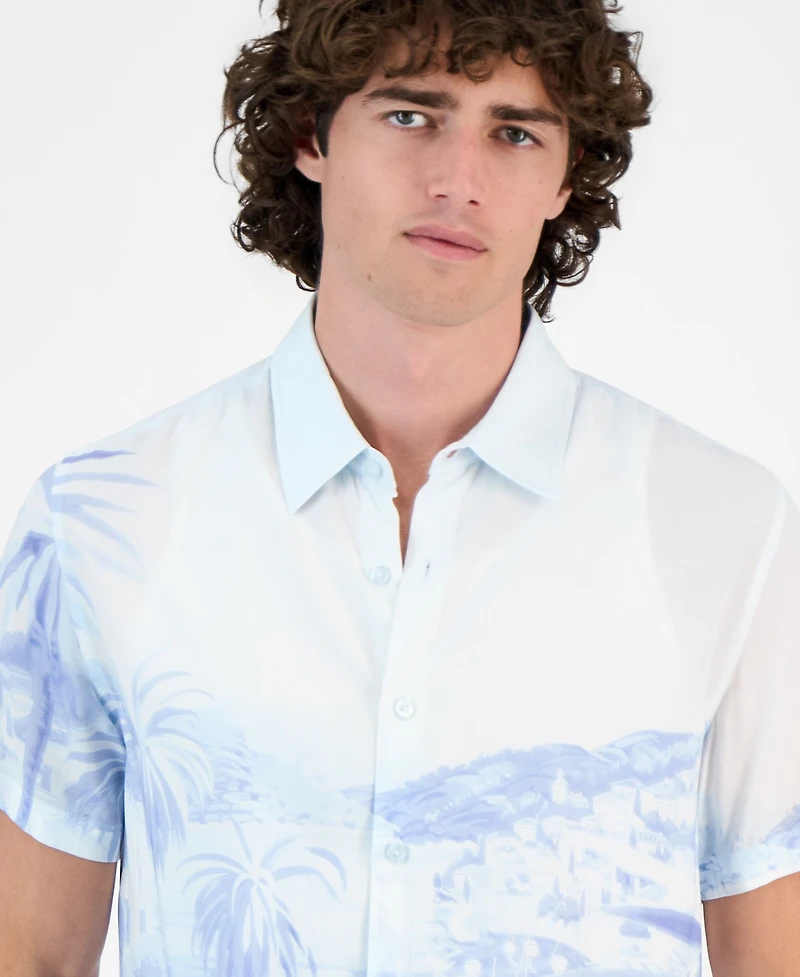 Guess Men's Riviera Palm-Print Short-Sleeve Button Shirt