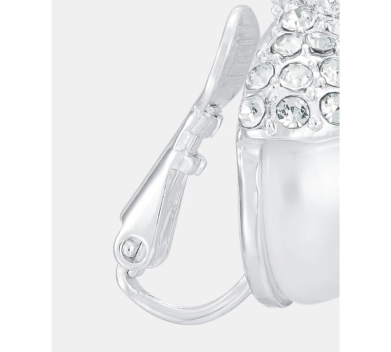 Anne Klein Silver-Tone Imitation Pearl Stone Button Ez Comfort Clip Earrings