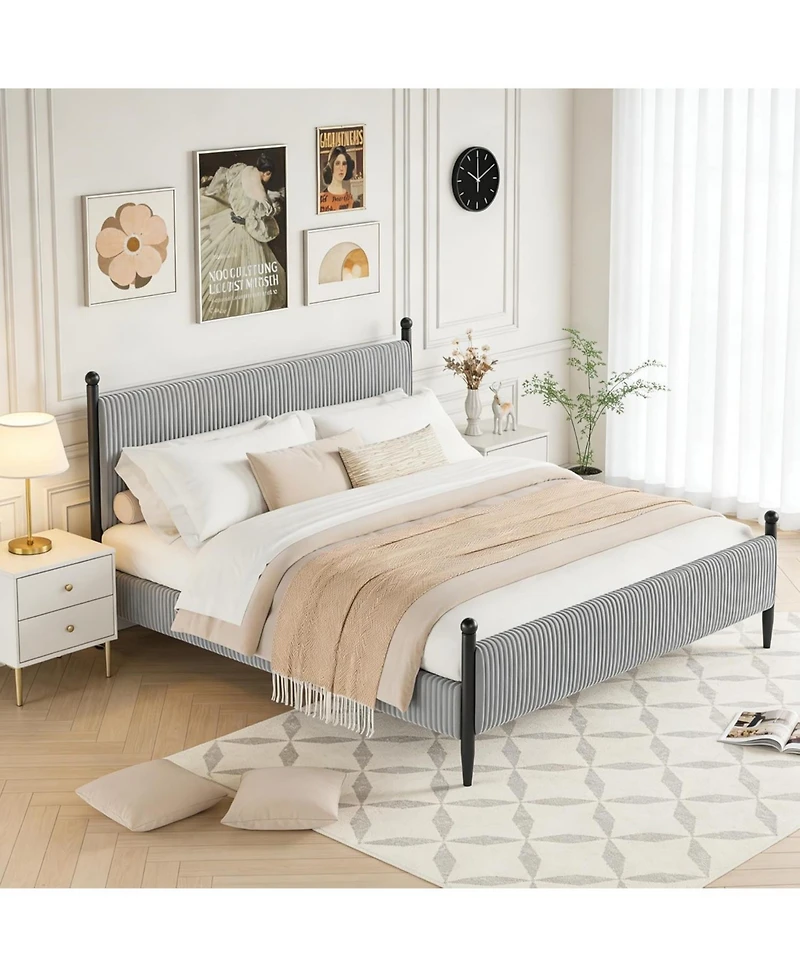 gaomon King Size Upholstered Bed Frame, Velvet Headboard, Corduroy Platform with Wood Slats, Heavy Duty Feet, Noise-Free