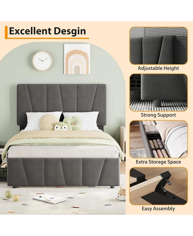 gaomon Twin Size Upholstered Bed Frame with Adjustable Headboard and 2 Drawers, Wood Slats Support, No Box Spring, Set of 2