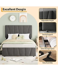 gaomon Twin Size Upholstered Bed Frame with Adjustable Headboard and 2 Drawers, Wood Slats Support, No Box Spring, Set of 2