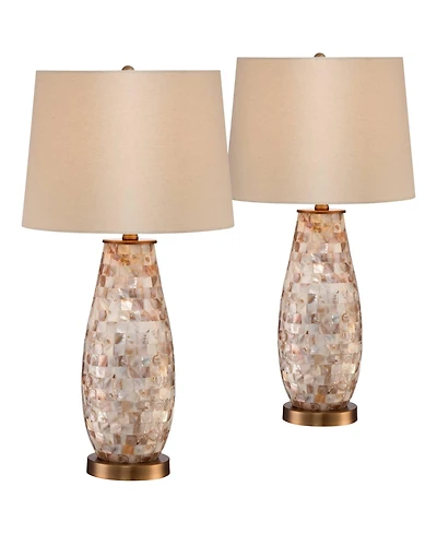 Regency Hill Cottage Table Lamps 26.5" High Set of 2 Mother of Pearl Tile Vase Drum Shade for Living Room Family Bedroom Bedside Office