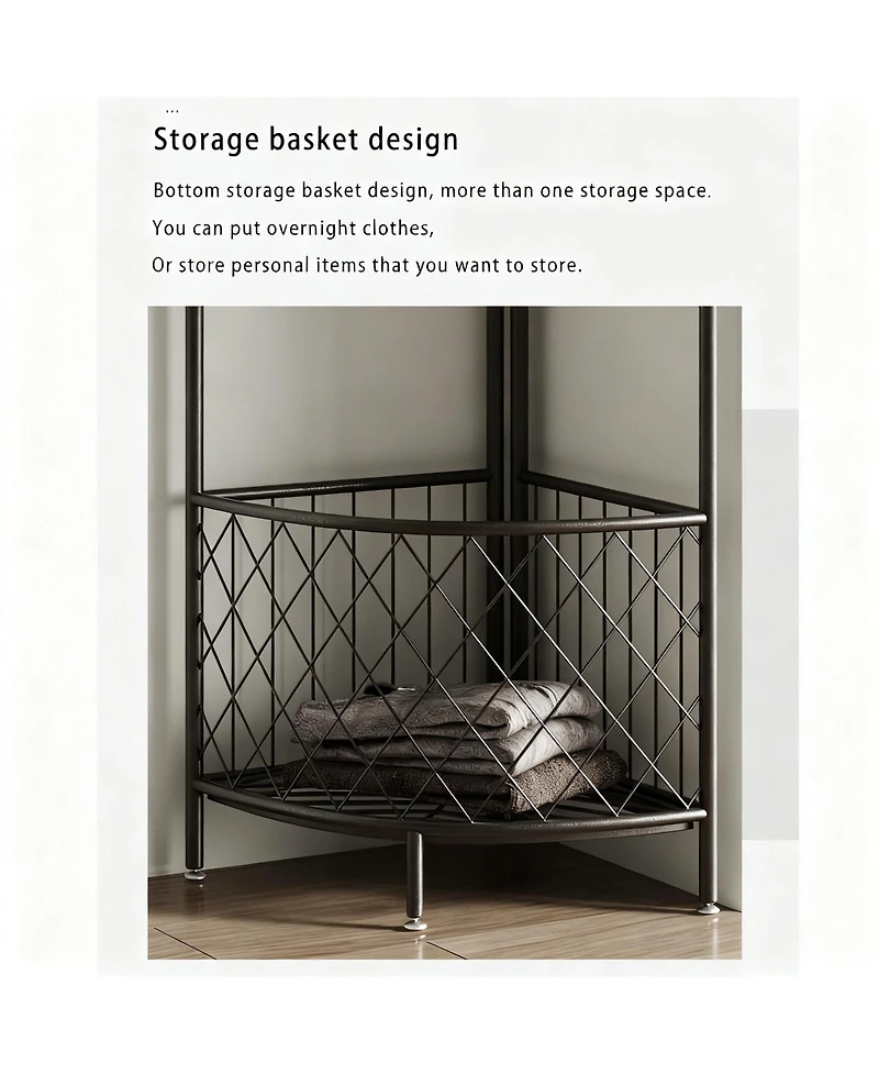 Yigii Space-saving Metal Corner Coat Rack with Hooks and Basket