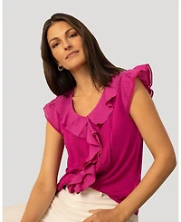 Cable & Gauge Women's Voile Mix Ruffle Trim Top