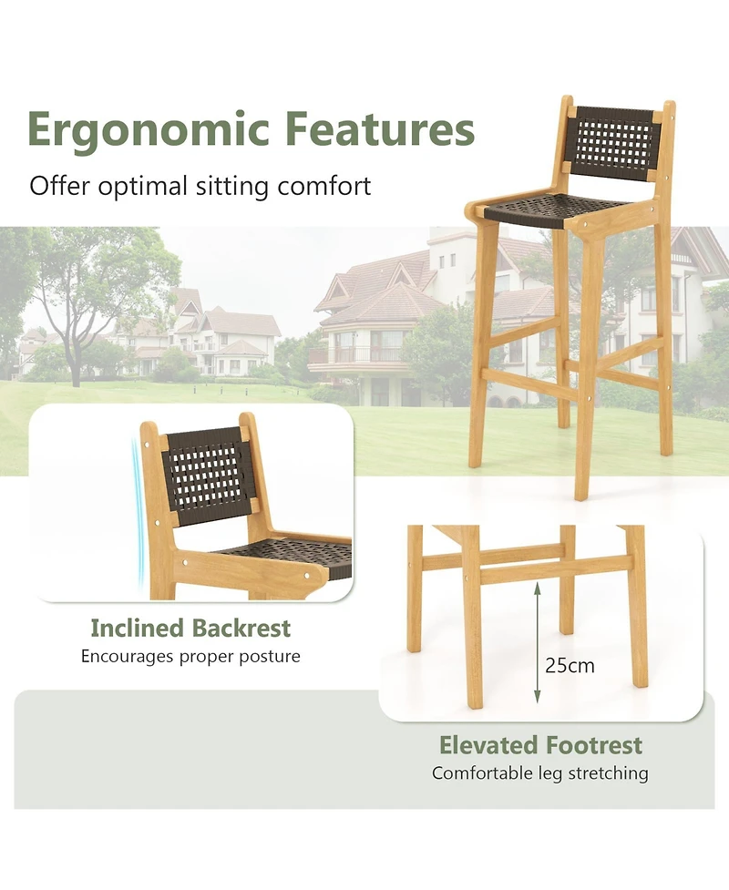 Sugift 30 in Rattan Teak Wood Bar Stool with Backrest and Footrest