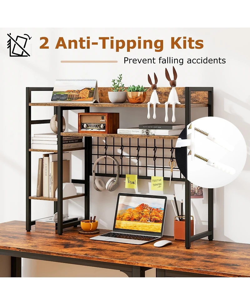 Sugift Desktop Shelf Rack with Metal Grid Panel and Hanging Hooks