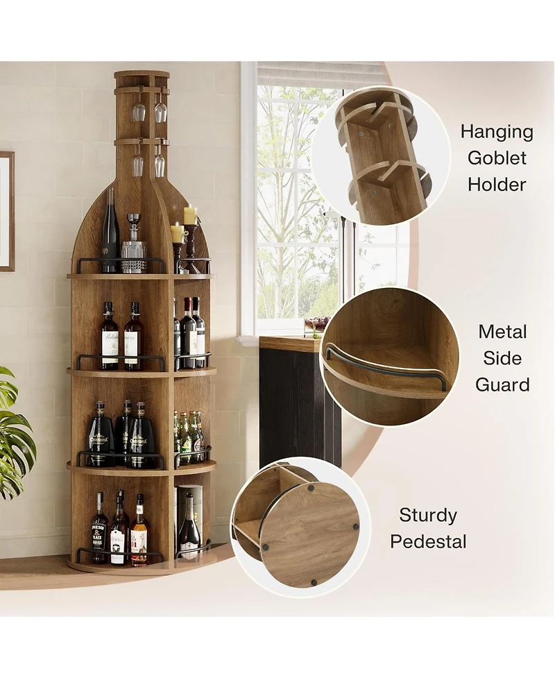 Tribesigns 75" Tall Wine Rack with Storage Shelves, Industrial Round Wine Cabinet with Hanging Goblet Holder