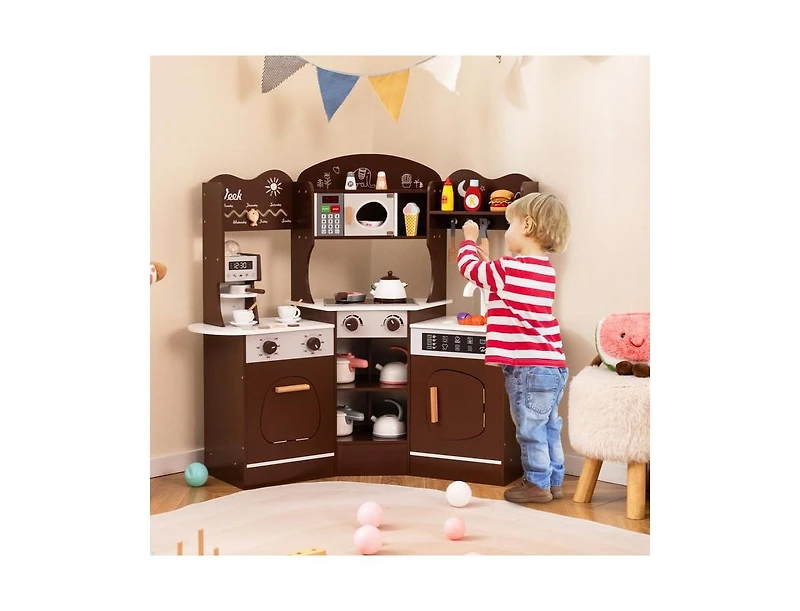 Hongge Corner Wooden Play Kitchen with Coffee Machine and Slide for Kids.