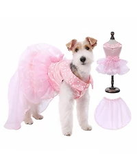 Aronkl Dog Dress Princess Lace with Veil Necklace Bows Sequins Formal Party Costume
