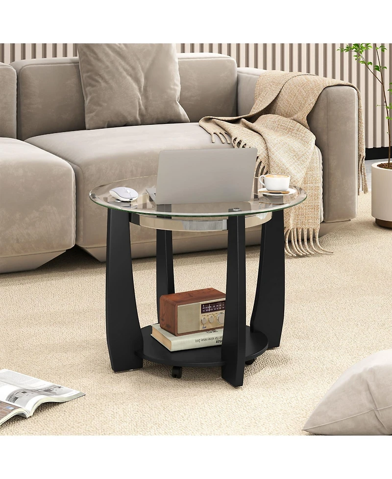 Sugift Two Tier Round Glass Coffee Table with Storage Shelf