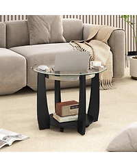 Sugift Two Tier Round Glass Coffee Table with Storage Shelf