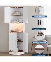 gaomon 64.6" Farmhouse Corner Cabinet with Led Light, Tall Bathroom 4 Barn Doors and 5 Tier Shelves, Freestanding Bar