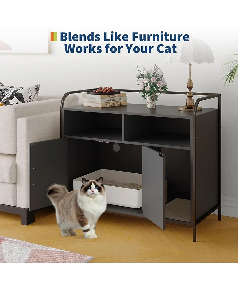 gaomon Cat Litter Box Enclosure - Hidden Litter Box Furniture with 2 Open Compartments, Scratching Mat, Double-Door Storage Cabinet