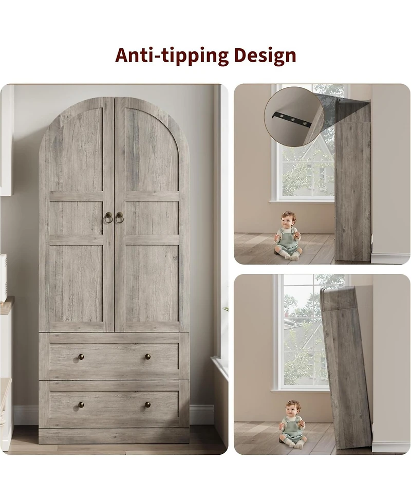 gaomon 72" Tall Arched Kitchen Pantry Cabinet Farmhouse Wooden Storage with 2 Drawers & Wood Doors Freestanding Buffet Sideboard