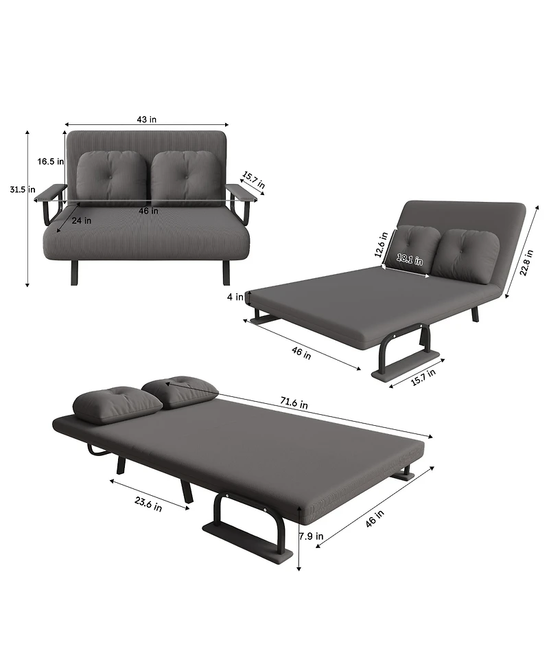 Rainsken Corduroy Convertible Loveseat Sofa Bed with 5-Level Adjustable Backrest, Modern Folding Couch Sofa with Throw Pillow for Living Room, Bedroom