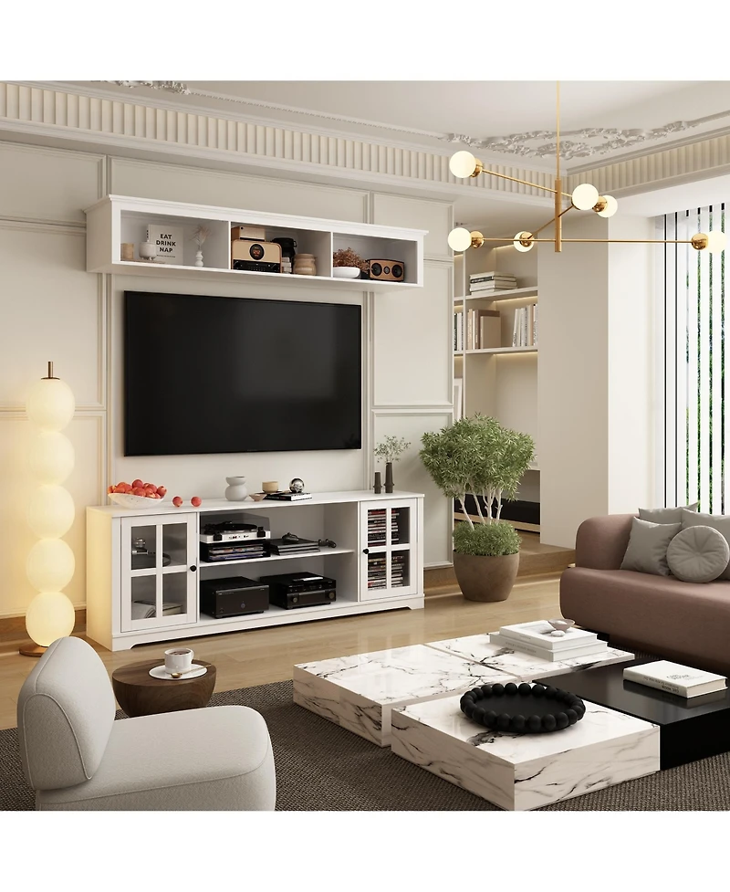 Famapy Tv stand with top cabinets, entertainment center tempered glass doors, wooden media console