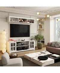 Famapy Tv stand with top cabinets, entertainment center tempered glass doors, wooden media console