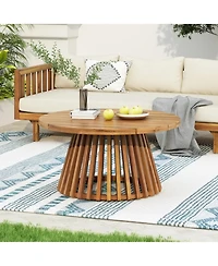 Flynama Weather Resistant Wicker Patio Conversation Set with Acacia Wood Coffee Table Water Resistant Thick Beige Cushions for Garden Patio Deck