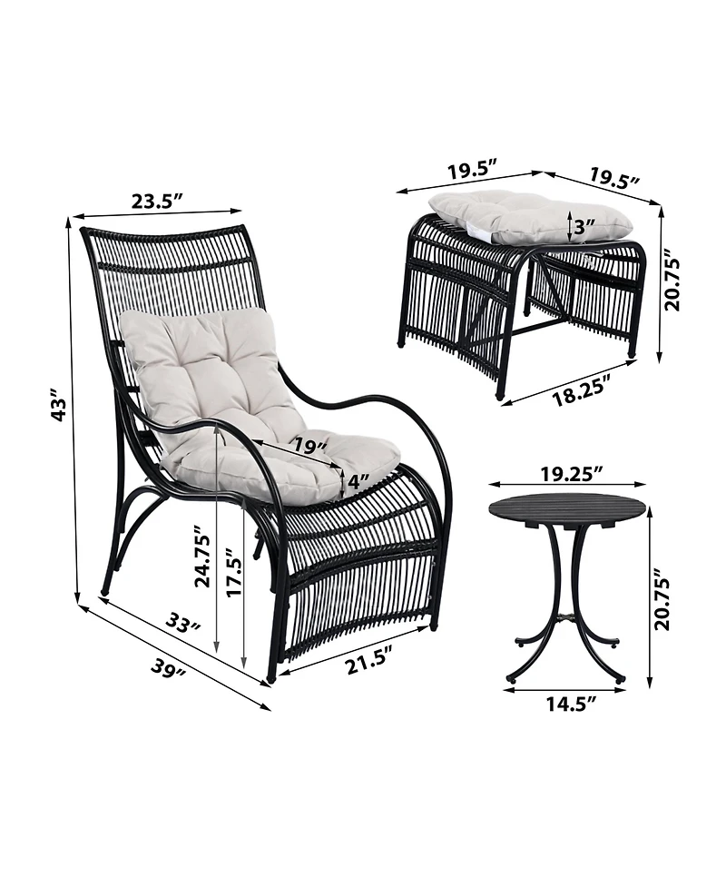 Flynama 3 Piece Wicker Outdoor Patio Furniture Set with Lounge Chair Ottoman Side Table Cushions for Garden Deck Porch