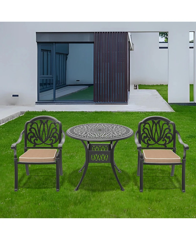 Clihome 3 Piece Bistro Table Set Cast Aluminum Patio Dining Set with Table, Random Color Cushions