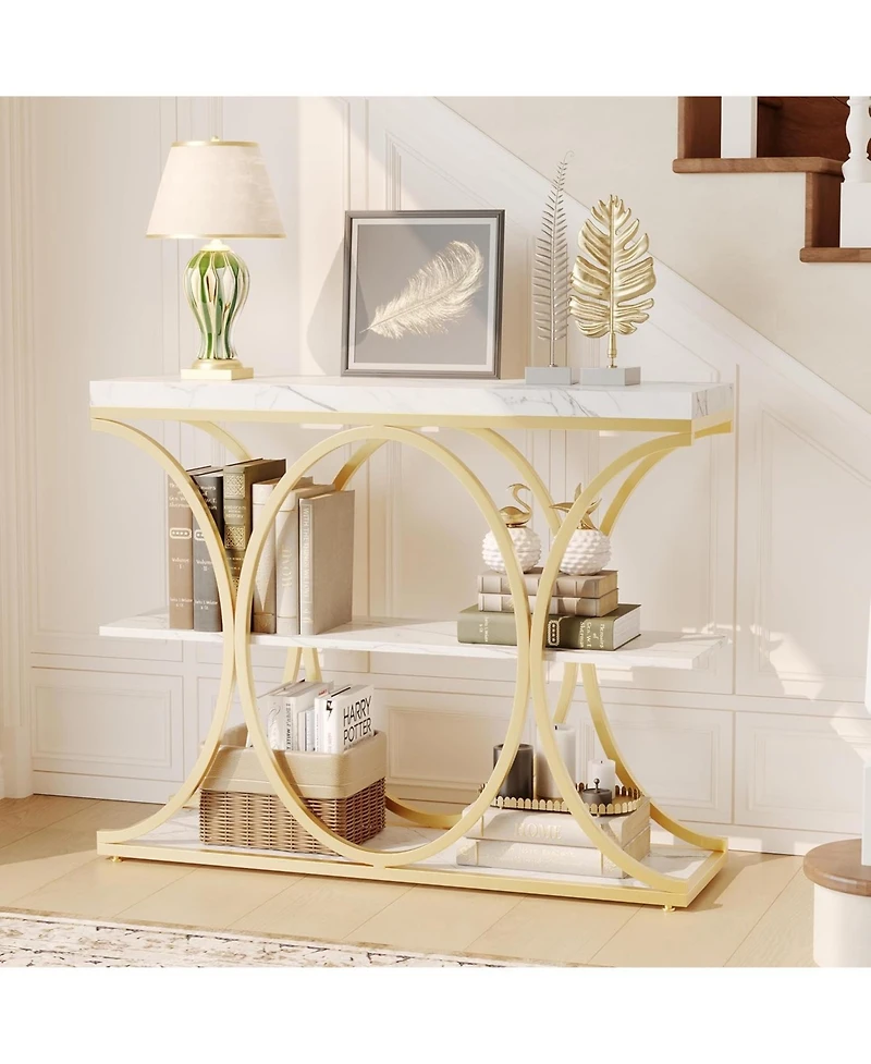 gaomon 39" Narrow Console Table for Entryway, Industrial 3-Tier Sofa Table, Round Metal Base, Storage Shelves