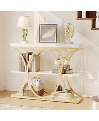 gaomon 39" Narrow Console Table for Entryway, Industrial 3-Tier Sofa Table, Round Metal Base, Storage Shelves