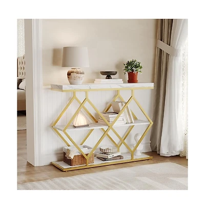 gaomon Entryway Table with Diamond Metal Frame, Marble Console with Open Shelf Storage, Adjustable Feet