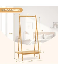 Sugift Bamboo Clothes Rack with Hanging Rod Shelf and Hooks