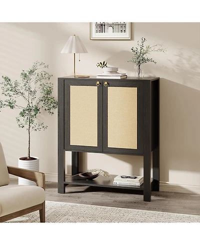 Homfan Rattan Shoe Cabinet for Entryway, 5-Tier Farmhouse Organizer Rack Narrow Storage with 2 Doors and Open Shelf Foyer Hallway