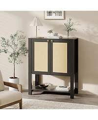 Homfan Rattan Shoe Cabinet for Entryway, 5-Tier Farmhouse Organizer Rack Narrow Storage with 2 Doors and Open Shelf Foyer Hallway