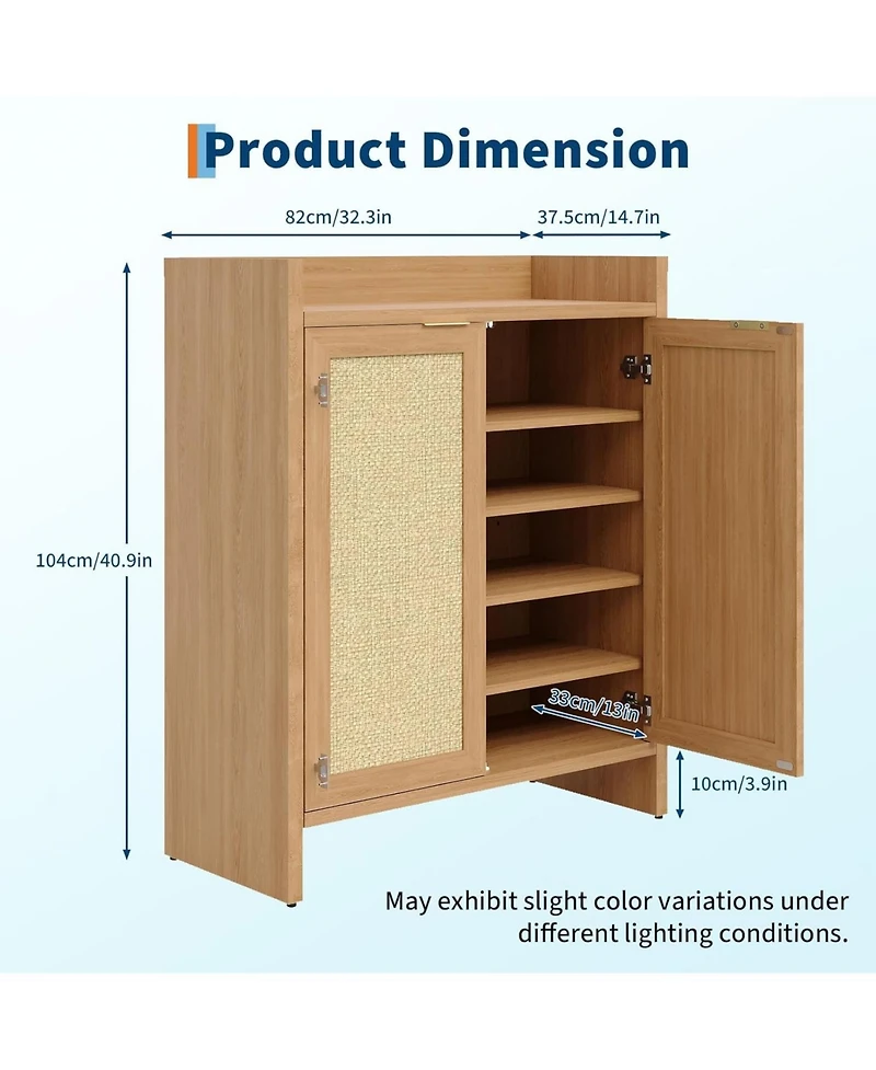gaomon Freestanding Wooden Rattan Shoe Cabinet with Adjustable Shelves and Guardrail Top