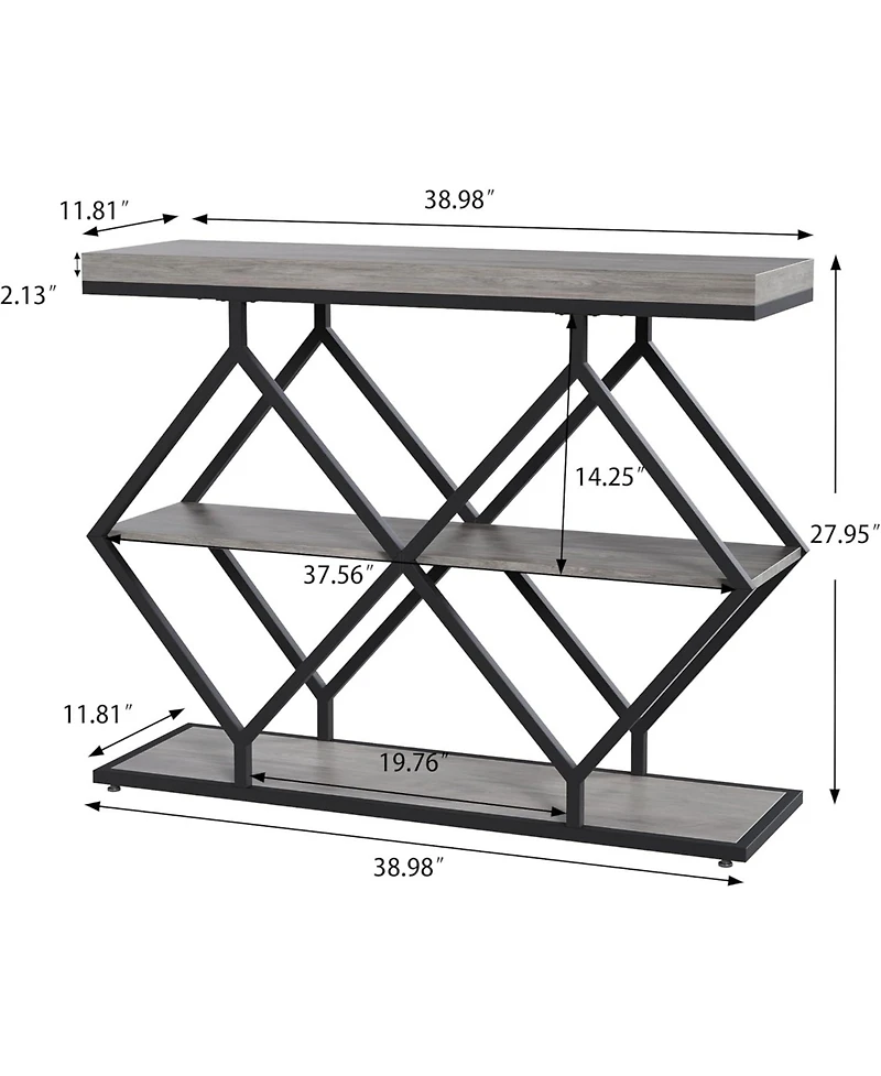 gaomon 3-Tier Entryway Table, Industrial Console Sofa Table, Open Storage Shelves, Diamond Metal Frame
