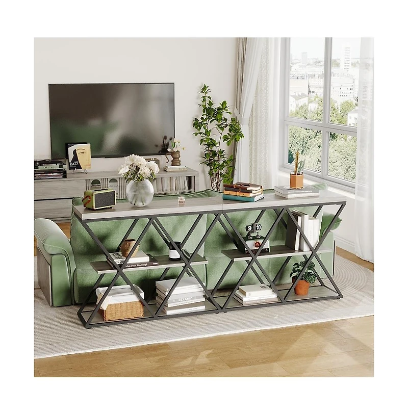 gaomon Industrial 3-Tier Entryway Table, Double X Metal Frames, 2 Storage Shelves, Rustic Wood, Living Room or Hallway