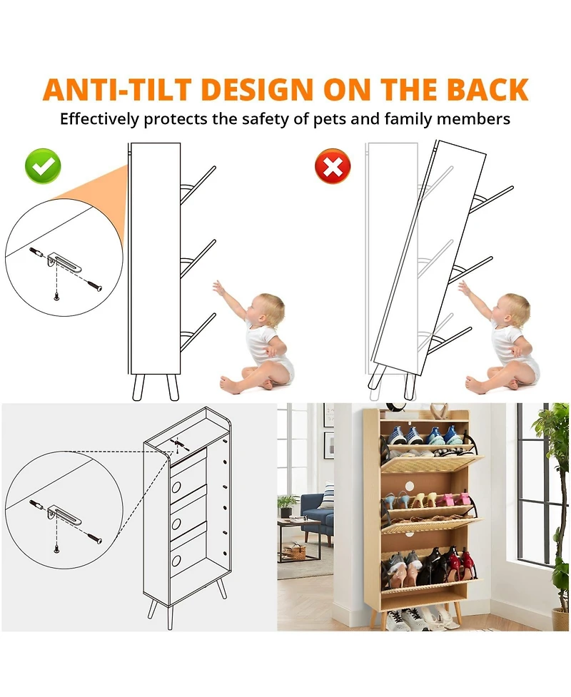 Homfan Shoe Cabinet for Entryway, Rattan Storage Organizer with Flip-Drawer and Anti-Tip Design, Shoe Storage Cabinet