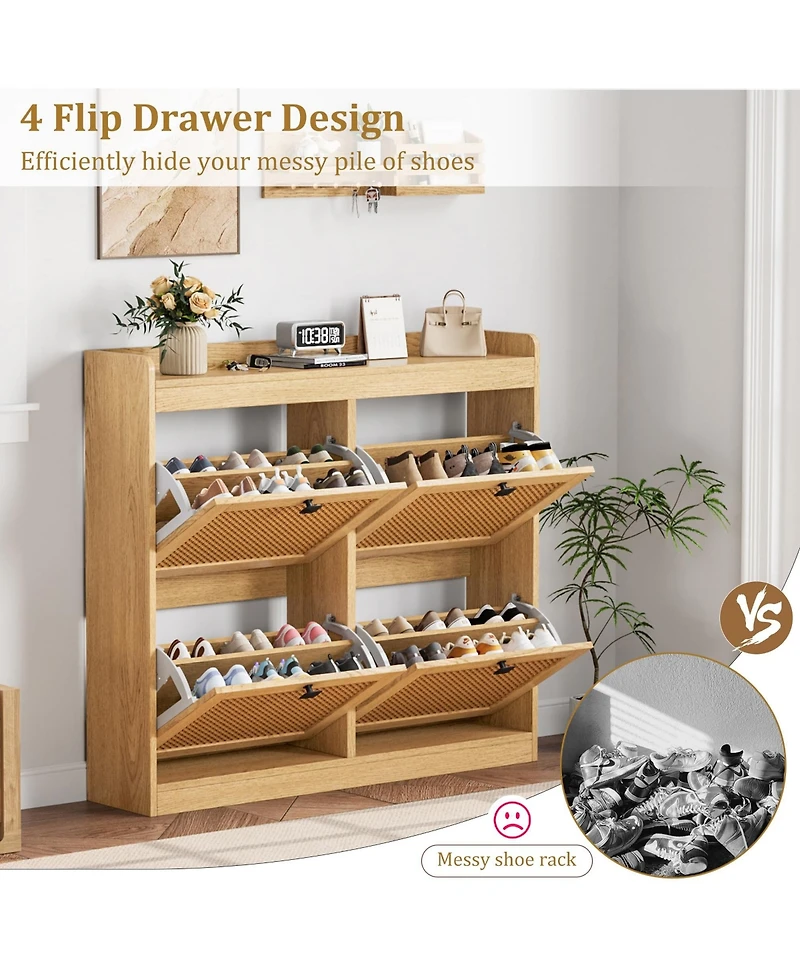 Homfan Wooden Rattan Shoe Cabinet with 4 Flip Drawers and Adjustable Shelves