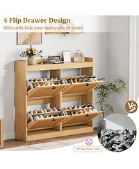 Homfan Wooden Rattan Shoe Cabinet with 4 Flip Drawers and Adjustable Shelves