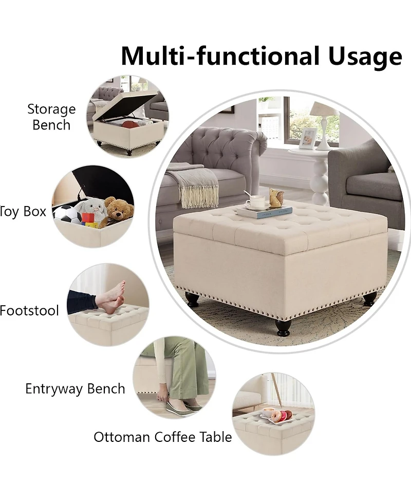 Rainsken Square Storage Ottoman - Upholstered Button Tufted, wooden legs and Nail Trims for Living Room, Bedroom