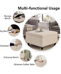 Rainsken Square Storage Ottoman - Upholstered Button Tufted, wooden legs and Nail Trims for Living Room, Bedroom