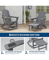 gaomon Folding Adirondack Rocking Chair with Retractable Ottoman and Cup Holders, Hdpe All-Weather Outdoor Chair for Porch