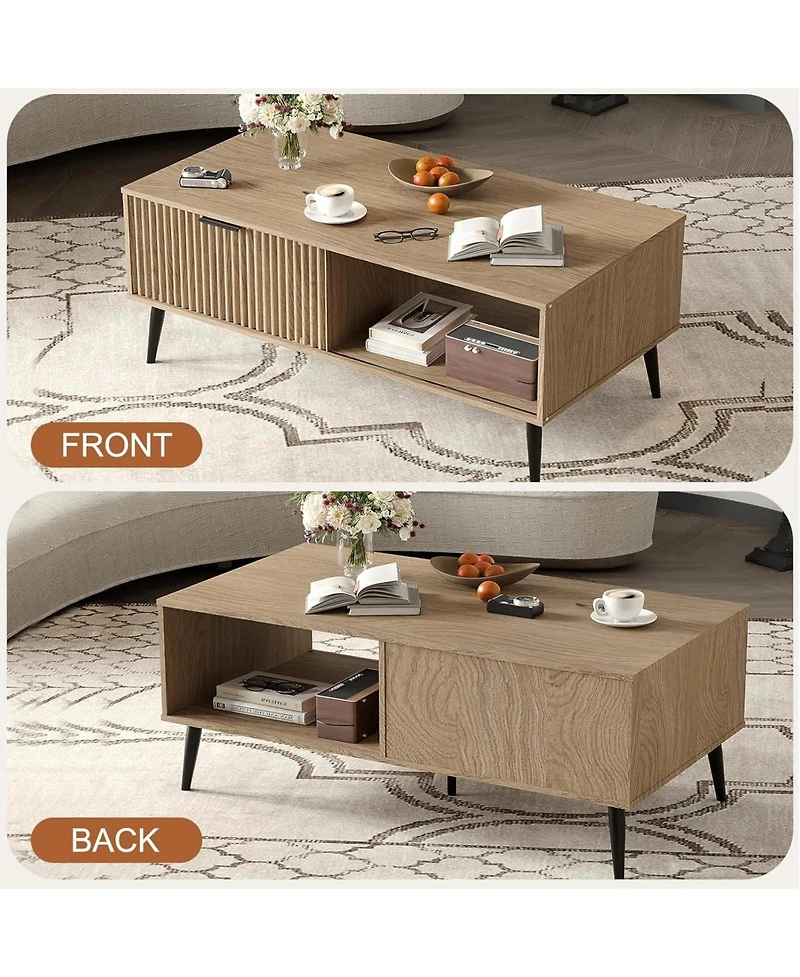 gaomon 41.34" Rectangular Coffee Table, 2-Tier Farmhouse Center Table with Sliding Door, Storage for Living Room, Bedroom