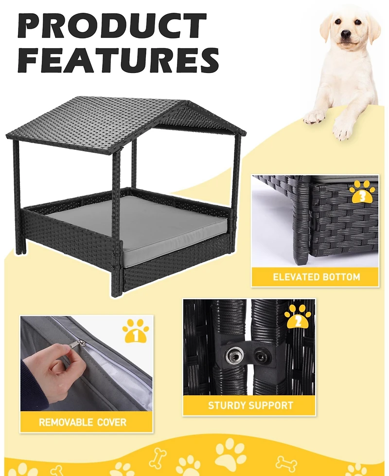 Ltmate Hand-Woven Rattan 2-in-1 Pet House & Elevated Bed with Removable Covers