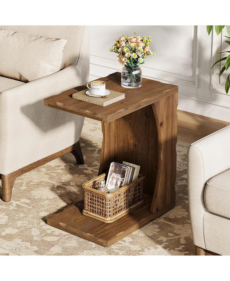 Tribesigns C-Shaped End Table for Living Room Set of 2, Solid Wood Narrow Skinny Side Table, Farmhouse Bedside Nightstand