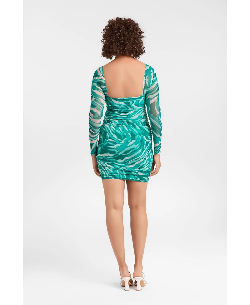 S3 Apparel Women's Shirred Mesh Sweetheart Long Sleeve Sculpting Mini Dress with Built-In Shapewear