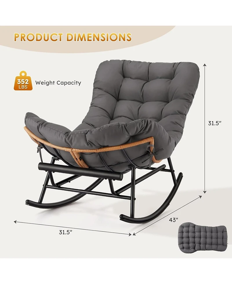 gaomon Papasan Rocking Chair with Removable Polyester Cushion, Extendable Footrest, Cozy Rattan Rocker for Porch, Lawn